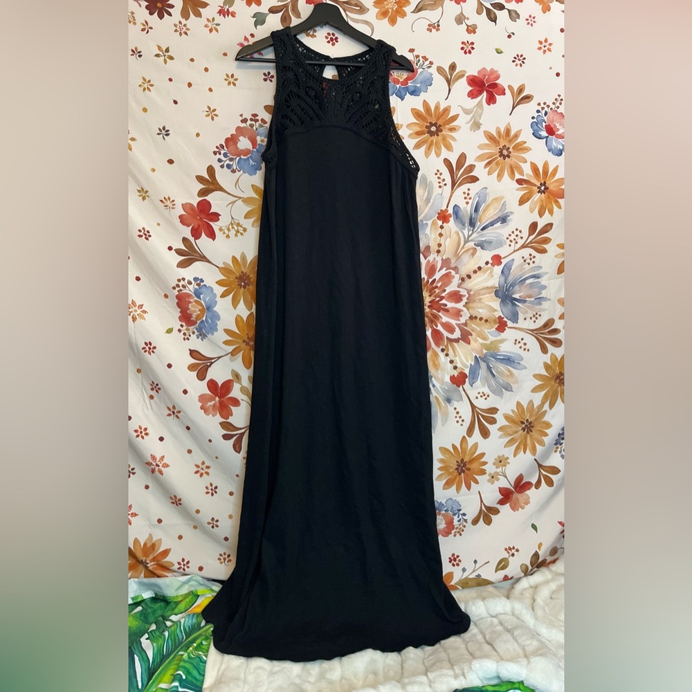 J. Jill Womens M Dress Black Resortcore Maxi Sleeveless Crochet Scandi Minimal